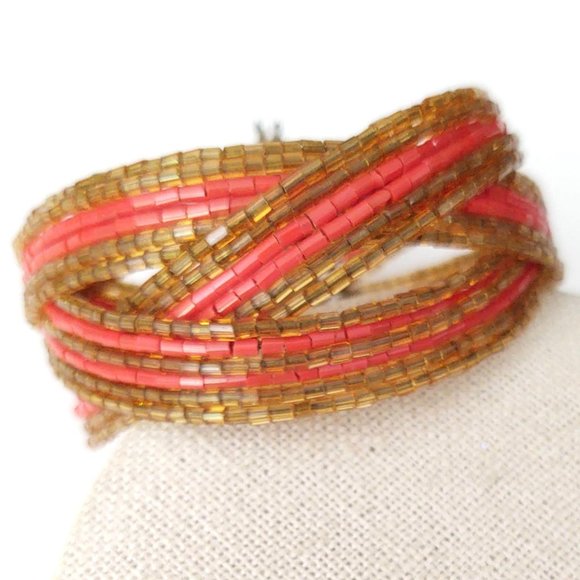 Gold and orange bugle bead memory wire cuff - Picture 10 of 10